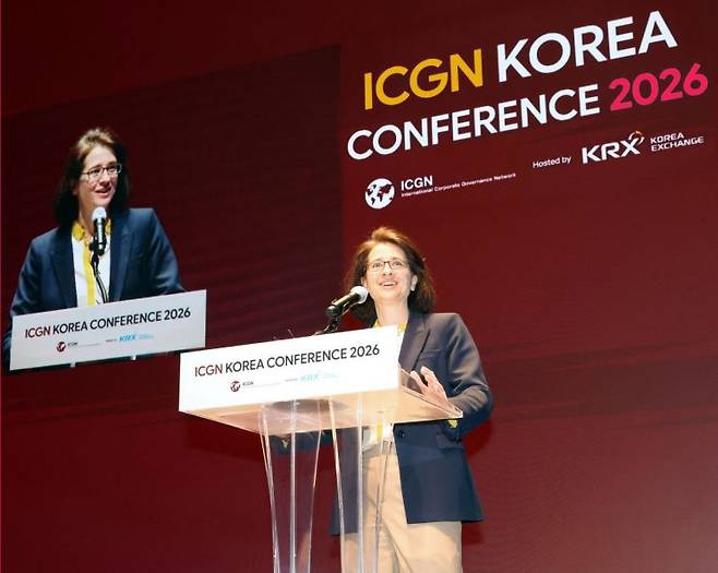 젠 시슨 ICGN 최고경영자가 14일 서울 여의도 한국거래소 컨퍼런스홀에서 열린 'ICGN Korea Conference 2026'에서 발언을 하고 있다. 한국거래소