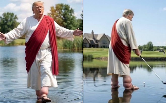 도널드 트럼프 미국 대통령을 예수로 표현한 ‘패러디물’이 소셜네트워크서비스(SNS)에 게시됐다. 트럼프 대통령이 물 위를 걸은 뒤 골프를 치는 모습. 엑스(X·옛 트위터) 갈무리