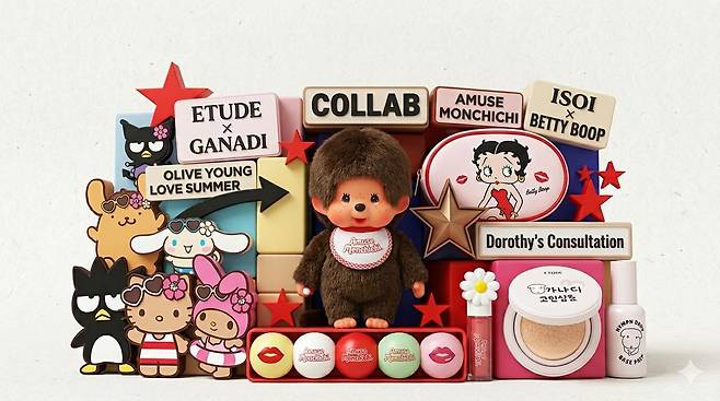 최근 뷰티 업계에서 캐릭터 IP와 협업해 출시된 제품들 모음. 생성형 인공지능으로 재현했다. 사진 제미나이