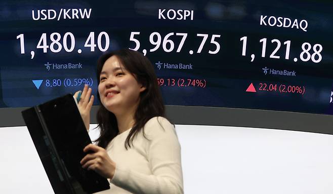 14일 오후 서울 중구 하나은행 딜링룸에서 딜러들이 업무를 보고 있다. [연합뉴스]