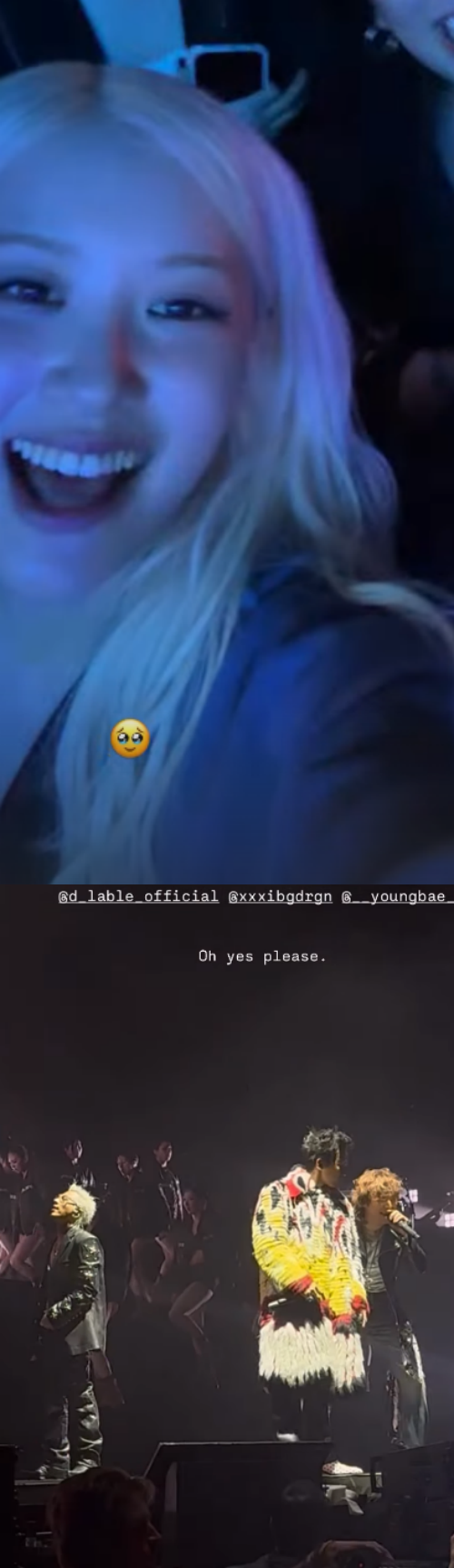 그룹 블랙핑크 멤버 로제가 빅뱅의 코첼라 무대 인증샷을 남겼다. / 로제 소셜미디어