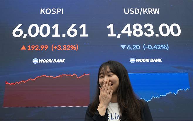 미국-이란 전쟁의 종전 기대감이 재확산되고 글로벌 반도체주가 강세를 보이면서 14일 코스피 지수가 3% 넘게 급등, 6000선을 탈환했다. 코스피가 장중 6000선을 넘어선 건 지난달 3일 이후 처음이다. 이날 오전 서울 중구 우리은행 딜링룸에 코스피 지수 등이 표시돼 있다.  윤창빈 기자