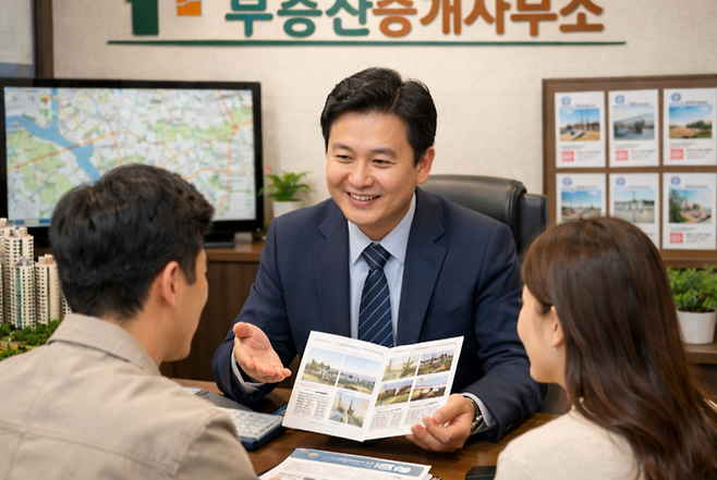 부동산중개사무소에서 신혼부부가 주택구매를 위해 상담을 하고 있다. <이미지=생성형 AI>