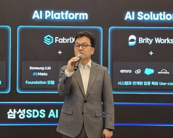 이준희 삼성SDS 대표는 7일(현지시간) 미국 라스베이거스 'CES 2026' 현장에서 열린 기자간담회에서 기자들의 질문에 답변하고 있다. [출처=진운용 기자]