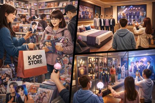 음악 콘텐츠를 매개로 패션, F&B, 라이프스타일, 전시·문화공간까지 소비 범위가 넓어지며, K-팝은 특정 산업군이 아닌 '소비 트리거 콘텐츠'로 기능하고 있다./챗GPT로 생성한 이미지