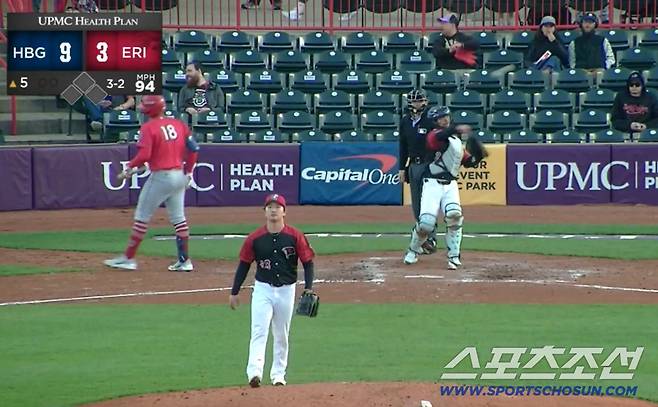 디트로이트 더블A에서 뛰고 있는 고우석이 15일(한국시각) 5회초 등판해 선두타자를 루킹 삼진을 잡았다.  이리 시울브즈 X( 구 트위터) 영상 캡쳐