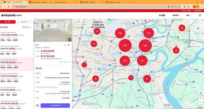 알스퀘어의 '베트남 상업용 부동산 지도' 매물 찾기 화면. 알스퀘어 제공