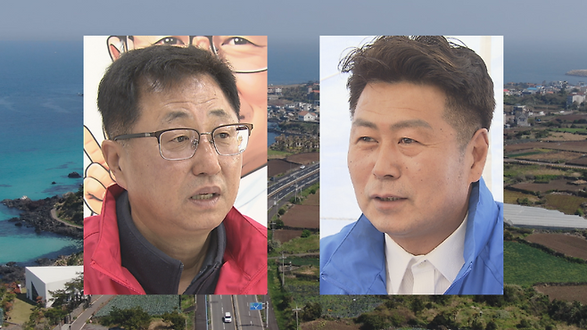 제주시 애월읍 갑 선거구에 출마한 강재섭(왼쪽)·장정훈 예비후보자 (촬영, 강명철)