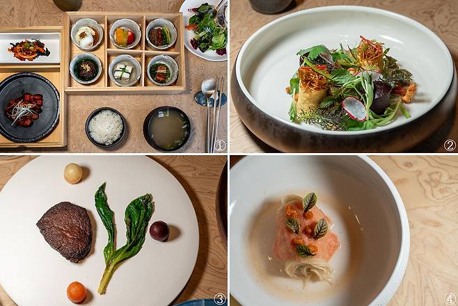 ① 코스모스 리조트 ‘라 울’의 조식 상차림. 도화볼락 조림, 봄나물 3종, 뿔소라 무침, 어만두, 칡소 떡갈비, 칡소 곰탕 등. ②봄나물 샐러드. ③ 칡소 스테이크와 뿔명이. ④토마토 맑은 국수. 백종현 기자
