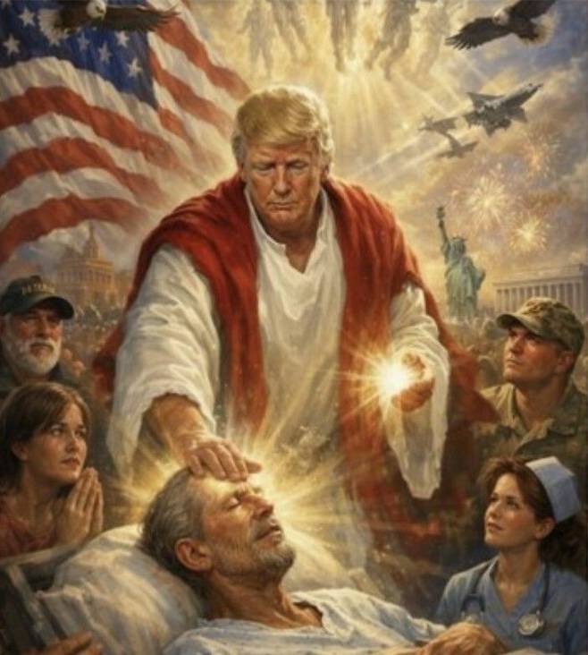 [서울=뉴시스] 도널드 트럼프 미국 대통령이 12일 자신의 SNS 트루스소셜에 올렸다 하루도 안돼 내린 인공지능(AI) 합성 예수 사진.(사진= 트럼프 대통령 트루스소셜) 2026.04.14. *재판매 및 DB 금지