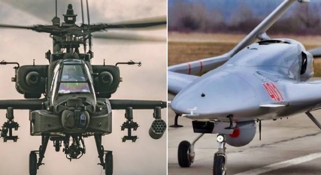 미 육군의 AH-64 아파치 공격헬기(왼쪽)와 튀르키예산 바이락타르 TB2 계열 무인기. 일본은 아파치·코브라 공격헬기 임무를 무인기로 넘기는 전력 재편에 속도를 내고 있다. 밀리터리워치매거진