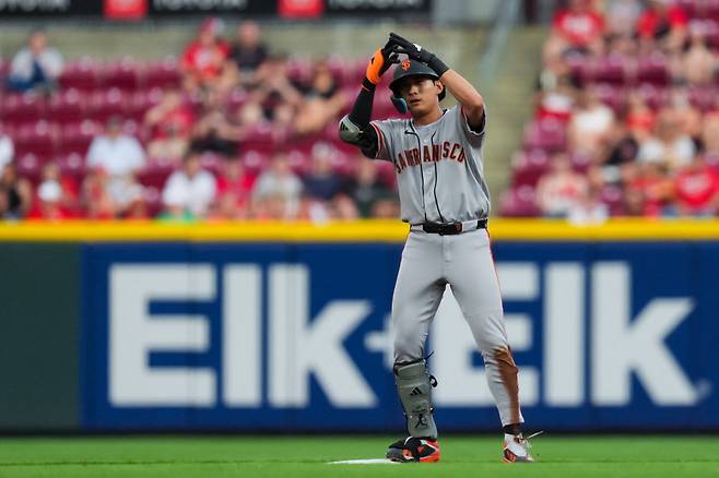 샌프란시스코 이정후가 15일 신시내티전에서 4회초 2루타를 친 뒤 기뻐하고 있다. Imagn Images연합뉴스