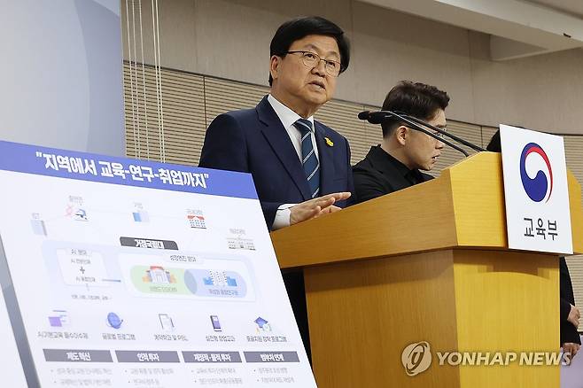 '성장엔진 연계 지역인재 양성방안 발표하는 최교진 교육장관 (세종=연합뉴스) 김주성 기자 = 최교진 교육부 장관이 15일 세종시 정부세종청사에서 '성장엔진 연계 지역인재 양성방안'을 발표하고 있다. 교육부는 거점국립대 3곳을 선정해 해당 지역의 성장엔진(전략산업)과 인공지능(AI) 인재양성 대학으로 키운다. 2026.4.15 utzza@yna.co.kr