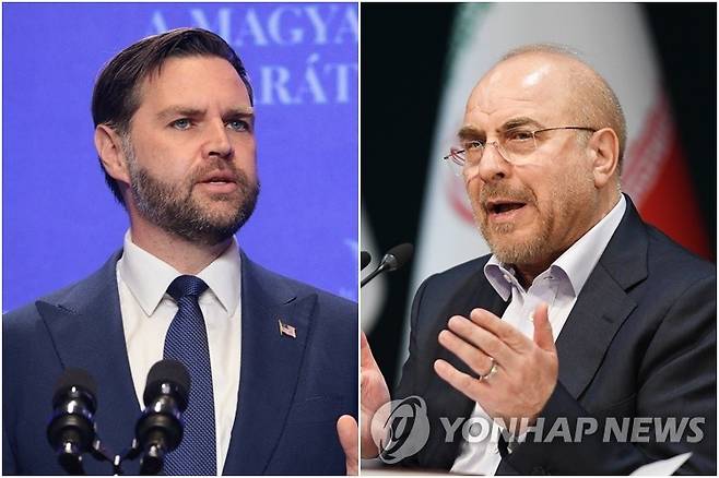 밴스 미국 부통령(왼쪽)과 모하마드 바게르 갈리바프 이란 의회 의장 [로이터·신화=연합뉴스 자료사진. 재판매 및 DB 금지]