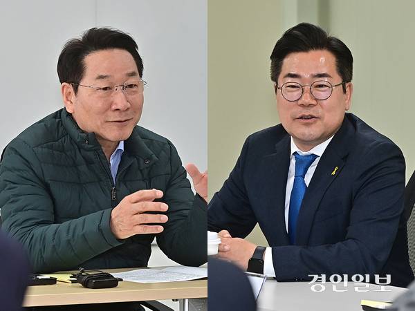 사진은 15일 인천시 남동구 남촌농축산물도매시장에서 농산물 가격 동향을 점검하고 있는 유정복 시장(왼쪽)과, 서구 청라스타필드 공사현장에 방문한 더불어민주당 박찬대(연수구갑) 국회의원. 2026.4.15 /김용국기자 yong@kyeongin.com, 조재현기자 jhc@kyeongin.com
