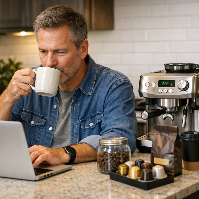 집에서 일하며 커피를 마시는 미국 직장인. (사진=챗GPT AI 생성)