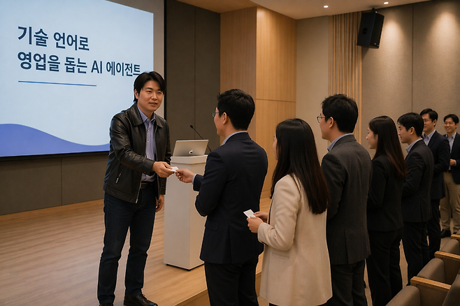 정 대표는 자사 제품의 가능성을 가장 강하게 체감한 순간을 한 포럼 발표 장면으로 설명했다. 당시 포럼에서 10분 정도 주어진 발표는 많은 제조사 관계자들의 질문이 이어지며 1시간 가량 늘어났다. 발표 이후에는 제조사 관계자들이 정 대표와 명함을 주고 받기 위해 줄을 설 정도였다고. (이미지=AI로 생성)