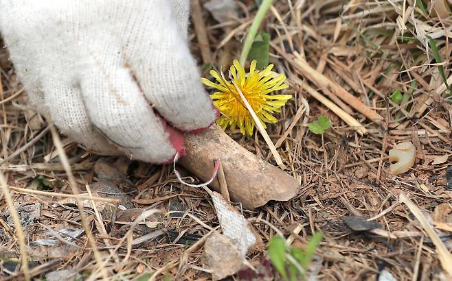 재수색이 시작된 13일 사고현장 인근에서 뼈조각이 발견됐다. 14일에도 유해로 추정되는 다수의 뼈조각을 찾아냈다./김영근 기자