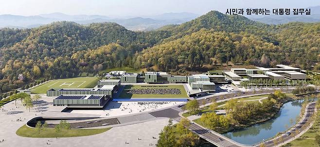 2차 심사 진출 세번째 작품 '열린 권력의 표상' 이미지. 광장을 중심으로 대통령실, 비서실, 언론, 시민을 대등하게 병렬적으로 배치하고, 고려청자의 비색에 가까운 유약을 입힌 테라코타 외장재를 적용함으로써 청와대의 이미지와 한국 전통의 미감을 현대적으로 구현하고 있다. 행복청 제공