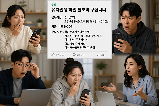 현실성 떨어지는 '유치원생 하원 돌보미 구인' 공고 내용에 사람들의 반응을 AI를 활용해 구성. /사진=챗GPT