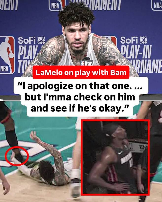 샬럿 볼(위)이 15일 마이애미와의 플레이-인 토너먼트 경기 중 아데바요의 발을 건 행위에 대해 사과했다. 사진=ESPN