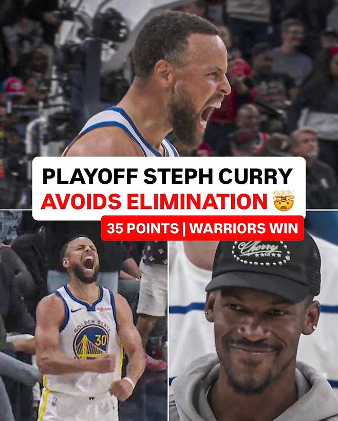 16일 인튜이트 돔에서 열린 LAC와의 2025~26 NBA 서부콘퍼런스 플레이-인 토너먼트 경기서 클러치 3점을 터뜨린 뒤 환호하는 골든스테이트 커리와 관중석에서 미소 짓는 버틀러. 사진=ESPN