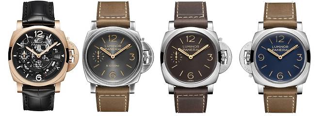 2026년 워치스&원더스에서 공개된 파네라이 루미노르 컬렉션의 일부. 왼쪽부터 루미노르 31 지오르니 PAM01631, 루미노르 8 지오르니 PAM01733, 루미노르 PAM01731, 루미노르 데스트로 PAM01732. 사진 파네라이