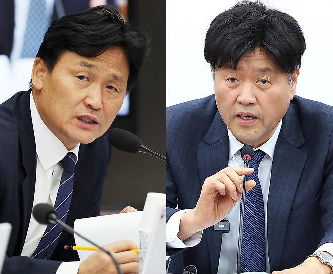김영진 더불어민주당 의원(왼쪽)이 지난 2024년 10월 24일 정부광주지방합동청사에서 열린 국회 기획재정위원회 광주지방국세청 국정감사에서 질의하고 있다. 오른쪽은 지난 13일 서울 여의도 국회에서 열린 정치검찰 조작기소특위 기자간담회에서 발언하고 있는 김용 전 민주연구원 부원장.뉴스1