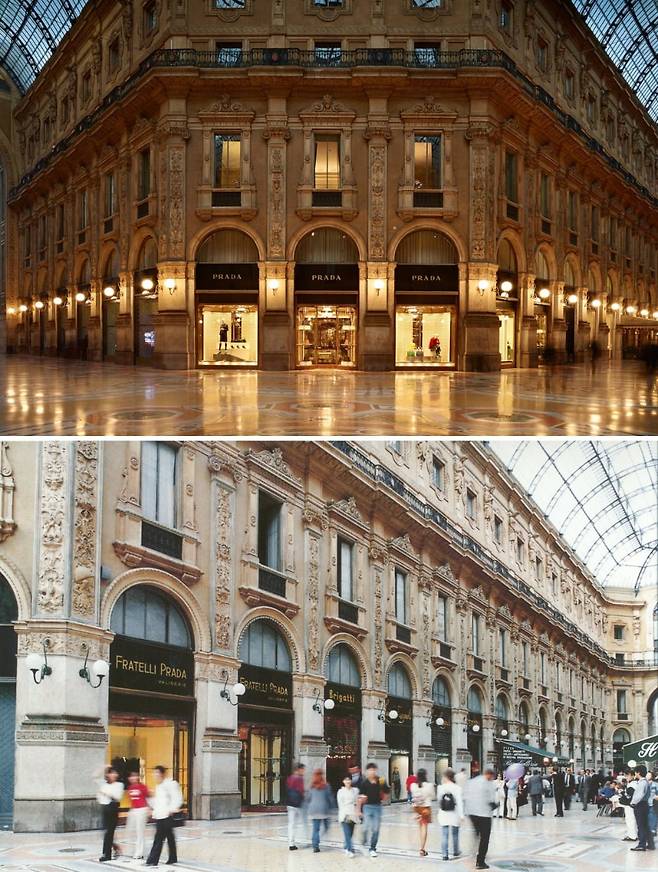 프라다 최초 매장, 밀라노 갤러리아 비토리오 에마누엘레 2세. 1913년 이탈리아 최초의 근대적 상업 공간인 갤러리아에서 시작된 프라다는, 여행용 가죽 제품을 통해 밀라노 럭셔리의 출발점을 형성했다. / 사진출처. ©PRADA