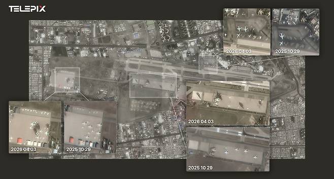 미국과 이스라엘의 공습 이후 이란 메흐라바드 공항에서 훼손 흔적이 있는 항공기가 확인됐다. [사진=텔레픽스]