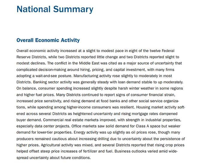 15일(현지시간) 미국 연방준비제도(연준)는 3월 경기동향 보고서(베이지북)를 통해 중동 분쟁 불확실성 증가로 기업들이 투자 관망세를 보이고 있다고 밝혔다./사진=연준 3월 베이지북 일부