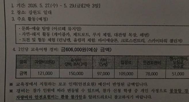 한 학교의 강릉 수학여행 통지서. 온라인커뮤니티