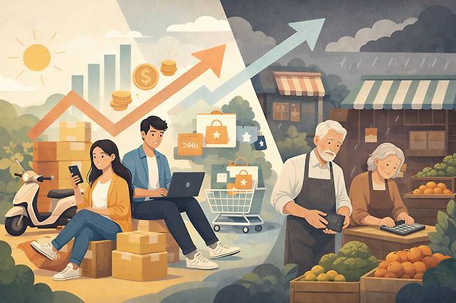 청년층 자영업자들의 매출은 코로나 19 발생 이전에 비해 상당 부분 회복세를 보인 데 반해 60대와 70대는 오히려 코로나 19 전보다 매출 수준이 더욱 하락한 것으로 나타났다. 일러스트=생성형 AI