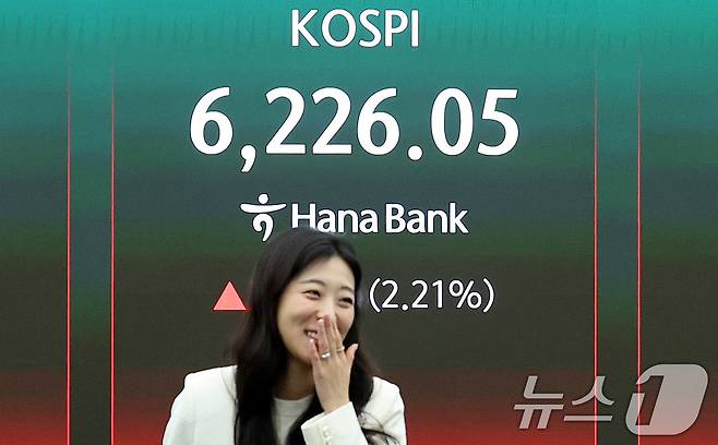 16일 서울 중구 하나은행 딜링룸 현황판에 코스피지수가 전일 종가 대비 134.66포인트(p)(2.21%) 상승한 6226.05를 나타내고 있다. 2026.4.16 ⓒ 뉴스1 박지혜 기자