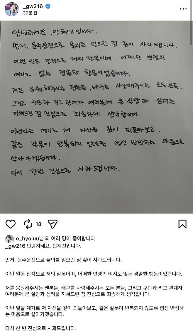 캡쳐 | 안혜진 SNS