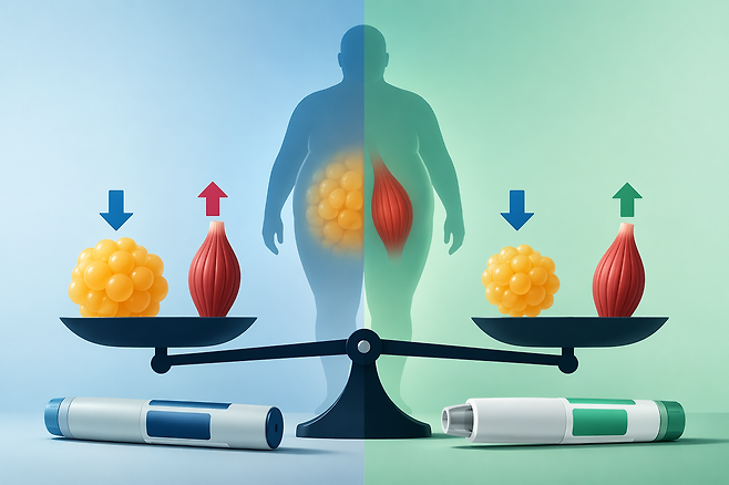 비만 치료제에 따른 체성분 변화를 시각화한 이미지. 생성형 인공지능(AI)인 챗GPT를 활용해 체지방과 근육 변화 개념을 형상화해 제작했다.