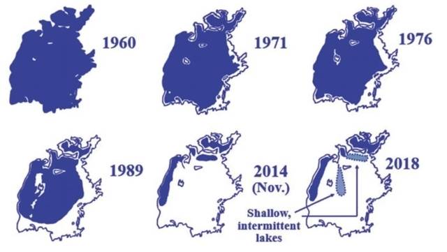 아랄해 사막화를 보여주는 수역면적 변화. 북아랄해는 최근 20여년 동안 수면이 서서히 확장되고 있음을 보여준다. 유튜브 어스프레시채널 캡처