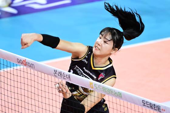 17일 인천 삼산체육관에서 열린 흥국생명과의 경기에서 공격하는 정관장 정호영. 사진 한국배구연맹