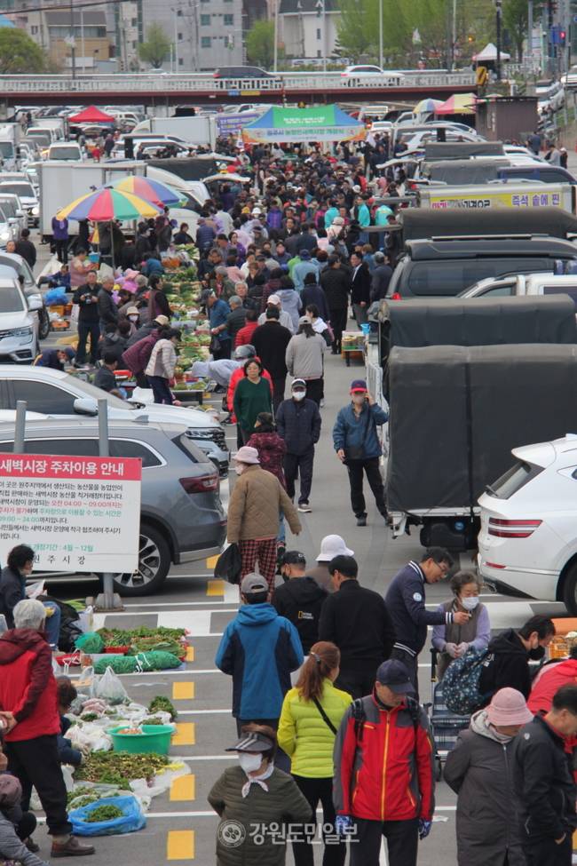 ▲ 원주시 농업인 새벽시장이 17일 개장한 가운데 이른 아침부터 장을 보려는 시민들의 발길이 이어지며 시장 일대가 북적였다.