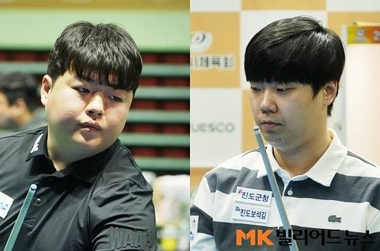 국내1위 조명우(왼쪽)와 2위 김행직이 17일 경북 안동시 안동체육관에서 열린 ‘2026 안동시장배 전국3쿠션당구대회’ 남자3쿠션 32강전에서 각각 최호타와 김봉수에 패해 탈락했다.