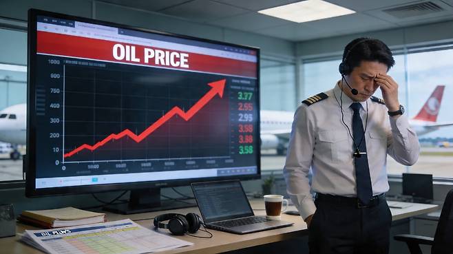 중동 전쟁으로 촉발된 고유가에 시달리는 항공사 이미지 (사진=챗gpt 생성)