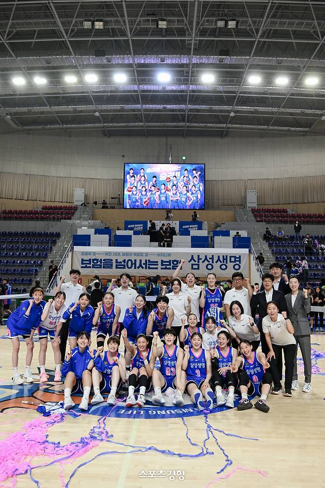 챔피언결정전을 자축하는 삼성생명 선수단 | WKBL 제공