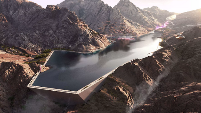 다목적댐과 거대한 인공호수가 있는 산악 스키리조트 ‘트로예나’의 조감도. 사우디는 2029년 동계 아시안게임을 트로예나에서 개최하기로 했었지만, 기간 내 완공이 불가하단 이유로 올해 1월 개최권을 반납했다. 네옴 제공