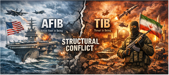 미국의 ‘능동적 현존함대(AFIB)’ vs 이란의 ‘현존 위협(TIB)’이 충돌할 수밖에 없는 구조에 대한 상상도. 김태준 한반도안보문제연구소장 AI 그림