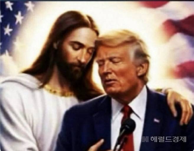 도널드 트럼프 미국 대통령이 15일(현지시간) 소셜미디어 트루스소셜을 통해 예수가 자신을 안은 채 머리를 맞대고 있는 그림을 또 다시 게재했다. [트럼프 트루스소셜 캡처]