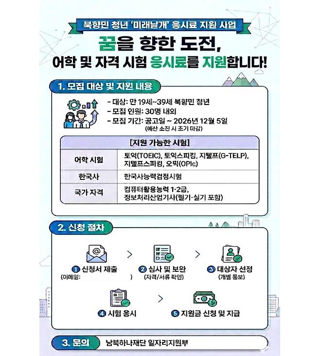 2026 북향민(탈북민) 청년 ‘미래날개’ 응시료 지원 포스터. 남북하나재단 제공