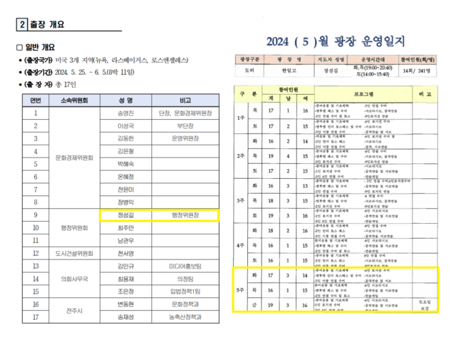 2024년 5월 말 전주시의회 해외 연수 일정·생활체육 광장 프로그램 운영 일지 대조.