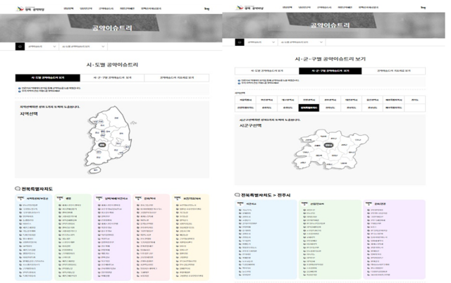 사진 좌-(시·도) 해당 지역의 주요 관심 주제(‘토픽’) 5개가 나타나며 각 주제별로 주요 키워드 20개가 함께 제시되어 총 100개의 공약이슈를 확인할 수 있다. /사진 우-구·시·군) 3개 토픽과 토픽별 20개의 키워드를 통해 총 60개 공약이슈를 볼 수 있다.