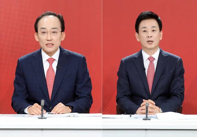사진은 지난 13일 대구 수성구 대구MBC에서 열린 '제9회 전국동시지방선거 국민의힘 대구시장 경선 비전토론회'에 참석한 추경호·유영하 예비후보. (사진=연합뉴스)