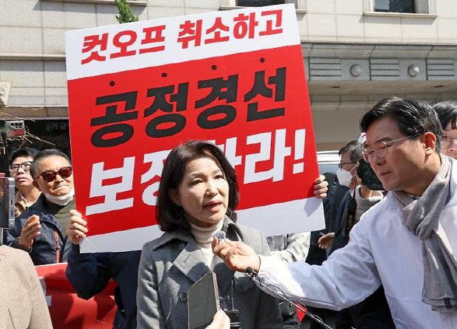 지난 3월 대구시장 공천 컷오프 입장 밝히는 이진숙 전 방통위원장. (사진=뉴시스)